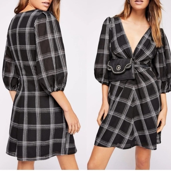 Free People Womens 0 Grunge Black White Plaid Whimsigoth Mini Dress Indie Punk - Picture 1 of 16